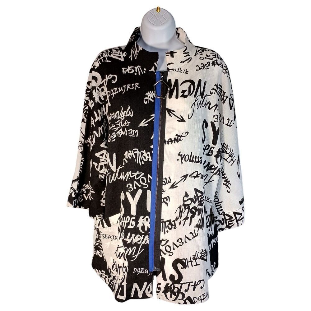 IC by Connie K Typography Print Front Zip Jacket Top White Black XL 3/4Sleeve
